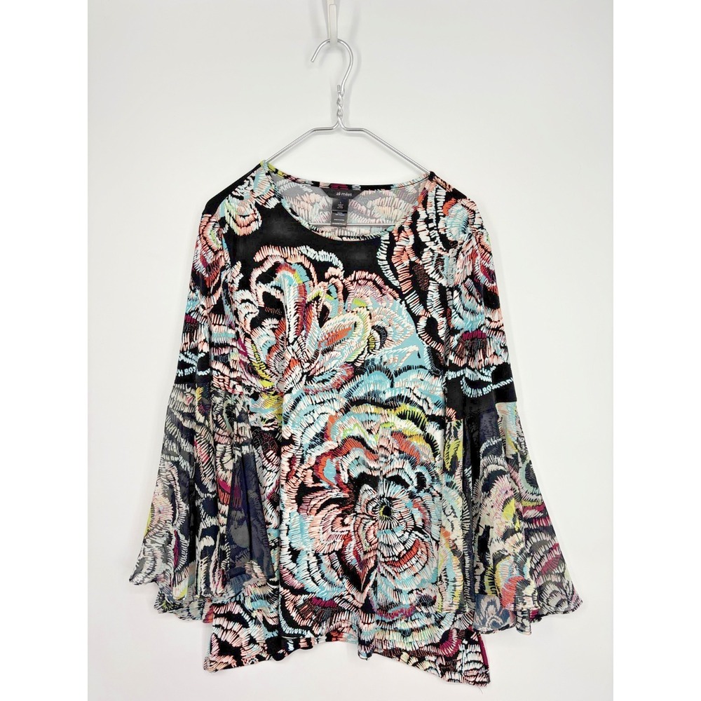 Ali Miles Blouse Womens L Black Floral Colorful Bell Sleeves Artsy Tunic Shirt
